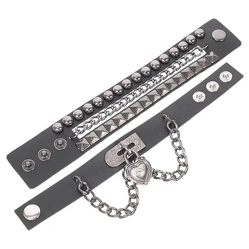 Produktbild: TENDYCOCO Kettenarmband mit Nieten Punk-Schmuck Gothic-Accessoires Stachelarmbänder Lederarmband mit Nieten Punk-Armband mit Ketten Gothic-Schmuck für Männer Nietenarmband Legierung Black