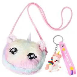 Produktbild: TENDYCOCO Pelzige Einhorn-Umhängetasche Mit Einhorn-Schlüsselanhänger Plüsch-Regenbogen-Handtasche Flauschige Einhorn-Tasche Umhängetasche Für Mädchen