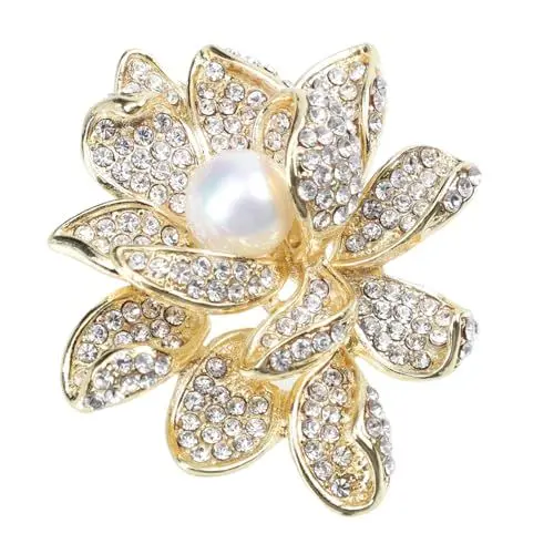 Produktbild: TENDYCOCO Perle Lotus Brosche Kleidung Dekoration Hochzeit Empfang Kleid Kleidung Schutz Clips Brustnadel Brosche Strass Corsage Brosche Bekleidungszubehör Perlenbrosche Goldene Legierung