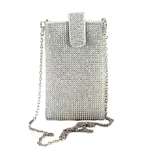 Produktbild: Handytasche Zum UmhäNgen Damen - Glitzer Tasche Aus Polyester Und Kristall, Kleine UmhäNgetasche Mit Schultergurt FüR Handy, KopfhöRer Und Kleinigkeiten (Silber)