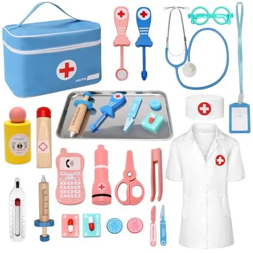 Produktbild: Teneytoyz Arztkoffer Kinder Holz, Doktorkoffer Kinder mit Echtem Stethoskop, Thermometer, Spritze, Arzttasche und Arztkittel, Geschenk für Kinder Rollenspiele Spielzeug ab 2 3 4 5 Jahren