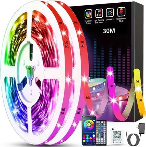 Produktbild: Tenmiro LED Strip 30m(15m×2), RGB LED Streifen Musik Sync Selbstklebend Led Lichterkette mit Fernbedienung und APP, Dimmbar Farbwechselnd Timer Led Band für Gaming,Party,Zimmer Deko