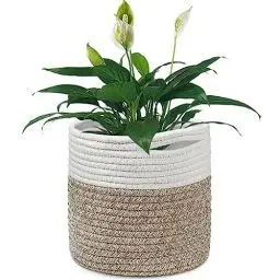 Produktbild: Tenn Well 20 cm Indoor-Topf für Pflanzen mit Einsatz, Baumwolle gewebter Aufbewahrungskorb große Blumentöpfe für Zimmerpflanzen, Blumentopf, Wäsche-Organizer und Heimdekoration (Weiß und Khaki)