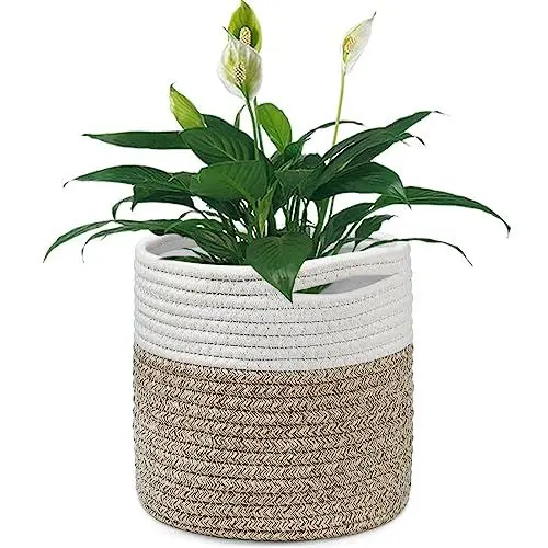 Produktbild: Tenn Well 20 cm Indoor-Topf für Pflanzen mit Einsatz, Baumwolle gewebter Aufbewahrungskorb große Blumentöpfe für Zimmerpflanzen, Blumentopf, Wäsche-Organizer und Heimdekoration (Weiß und Khaki)