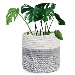 Produktbild: Tenn Well 20 cm Indoor-Topf für Pflanzen mit Einsatz, Baumwolle gewebter Aufbewahrungskorb große Blumentöpfe für Zimmerpflanzen, Blumentopf, Wäsche-Organizer und Heimdekoration (Weiß und Grau)