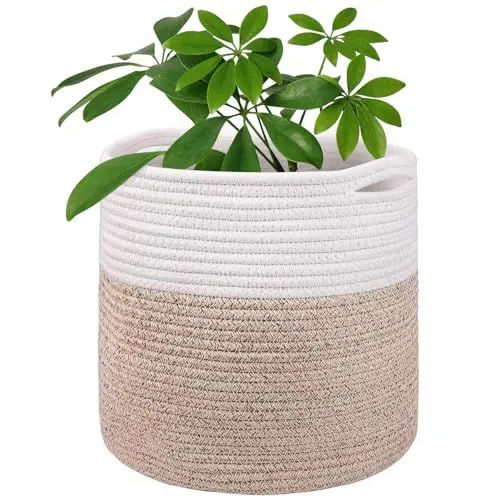 Produktbild: Tenn Well 30 cm Blumentopf mit Einsatz, Baumwolle, Innen-Pflanzgefäß, gewebter Aufbewahrungskorb für Zimmerpflanzen, Blumentopf und Heimdekoration (Weiß und Khaki)