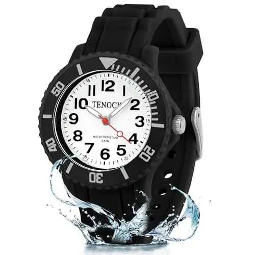 Produktbild: TENOCK Kinderuhr Mädchen Junge 30M/3ATM wasserdichte Analog Armbanduhr Kinder für Alter 3-10 Geschenke für die Schulanfangssaison Weihnachten Geburtstage Schwarz