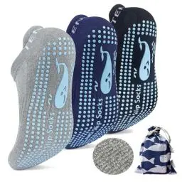 Produktbild: TENQUAN 3 Paare Rutschfeste Socket for Yoga Pilates Barre Anti rutsch Socken für Damen Herren 43-46 StopperSocken für Zuhause Krankenhaus Workout Sport (Grau Blau Schwarz)