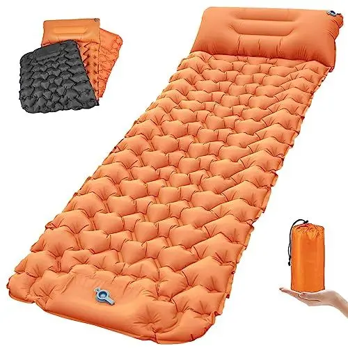 Produktbild: TENQUAN Isomatte Selbstaufblasend, Luftmatratze Selbstaufblasend 9CM Selbstaufblasbare Luftmatratze Campingmatratze mit Fußpumpe und Kopfkissen, Ultraleicht Aufblasbare Isomatte Outdoor(Orange/Grau)