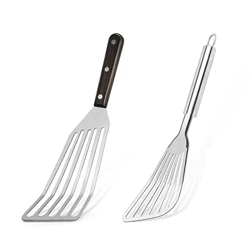 Produktbild: TENTA TENTA KITCHEN Set of 2 Stainless Steel Fish Spatula and Fish Turner Wooden Handle and Stainless Steel Handle Slotted Turner BBQ Shovel Fry Turner for Cooking Fish/Meat/Dumpling