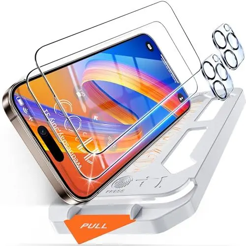 Produktbild: Tentoki für Panzerglas iPhone 16 Pro (6,3 Zoll) 2x Full Screen Schutzfolie und 2×Kameraschutz Kratzfest, Stabil, (Auto-Installation) (Militärischer Schutz) (Bläschenfrei) (9H+ Härte) (HD-Klar)