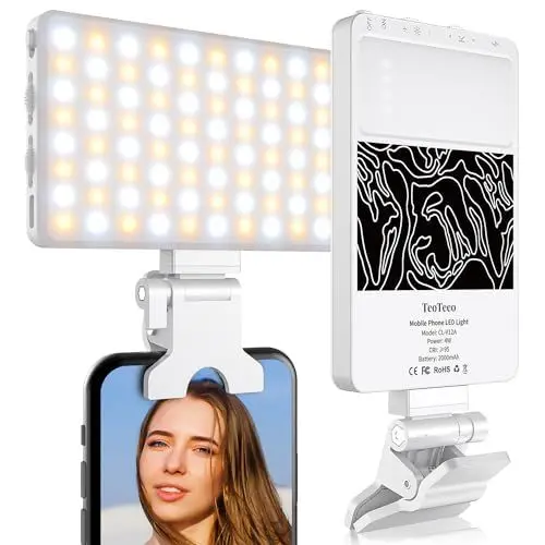 Produktbild: TeoTeeo Selfie Licht,80 LED Videolicht mit Clip,2500-9000K 3 Lichtmodi,2000 mAh Akku Handylicht,CRI 95+ Videolicht für Make-up,Selfie,Vlog,Video,Lesen,Tiktok Trend Sachen,Geschenk