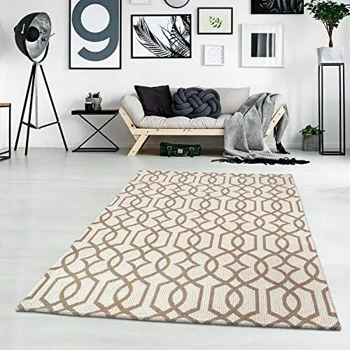 Produktbild: Teppich Baumwolle Kurzflor Creme Taupe - 75x240 cm - Scandi-Stil Geometrisch - Baumwollteppich - Esstisch Wohnzimmer Badezimmer Teppiche - Flachgewebe