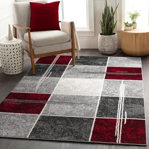 Produktbild: Teppich Günstig Karo Design Modern Wohnzimmerteppich Grau Rot Top Preis, Größe:120x170 cm