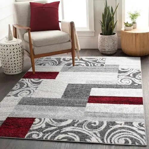 Produktbild: Teppich Günstig Patchwork Design Modern Wohnzimmerteppich In Grau Rot Weiß, Größe:120x170 cm