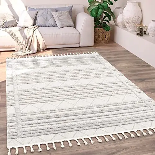 Produktbild: Paco Home Teppich Wohnzimmer Schlafzimmer Kurzflor Boho Muster Ethno Modern Skandinavisch Rautenmuster 3D Effekt Mit Fransen, Grösse:80x150 cm, Farbe:Creme 3