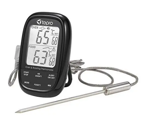 Produktbild: tepro Dual-Sensor-Grillthermometer mit Alarm- und Timerfunktion inkl. Messfühler, 2 Sensoren, großem LCD-Display mit zuschaltbarer Beleuchtung, Messbereich 0 bis 300°C, Maße ca. 7,1 x 2,8 x 10,9 cm