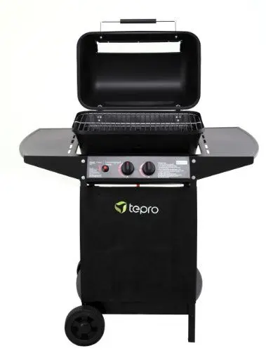 Produktbild: tepro Lavastein Gasgrill Irvine mit max. 5,4 kW Leistung, Edelstahl-Doppelbrenner, inklusive Lavasteine, Piezozündung im Drehregler, Grillwagen mit Rädern, Maße ca. 94 x 51 x 102 cm, Schwarz