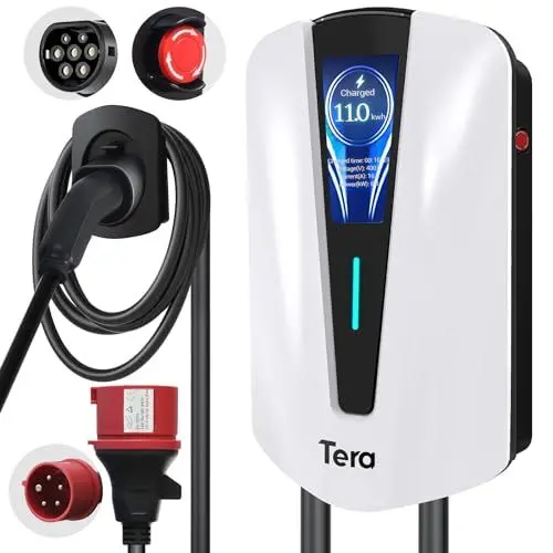 Produktbild: Tera EV Ladegerät typ 2 11kw Heim-Ladestation Wallbox Ladekabel Elektroauto mit Kabelhalterung Ladekabel 3-Phasig CEE Stecker 16A 400V Kabel für Elektrofahrzeuge und PHEVs, Q8 Weiß