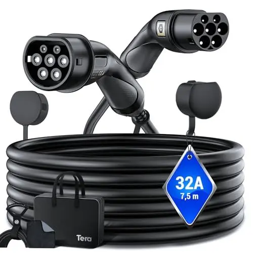 Produktbild: Tera EV Ladekabel Typ 2: 22KW 32A 7,5Meter 3-Phasen Typ 2 zu Typ 2 Mennekes IP55 Schnellladen Ladekabel Elektroauto Typ 2 für E-Auto EV/PHEV Deutsche Bedienungsanleitung DC-32 Schwarz