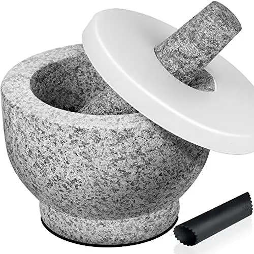 Produktbild: Tera Mörser mit Stößel Set 1/2L Große Kapazität Steinmörser mit Silikondeckel Knoblauchschäler und aufklebbarem Anti-Rutsch-Pad für die Basis genießen Patentschutz