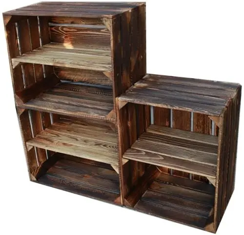 Produktbild: Teramico Holzkisten Obstkisten Weinkisten geflammt dunkel 50 x 40 x 30cm in tollen Set-Angeboten als Regal oder zur Aufbewahrung (2 x Lang + 1 x Kurz)