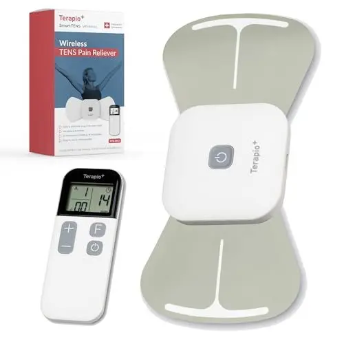 Produktbild: TERAPIO Kabelloses TENS Gerät zur Natürlichen Schmerztherapie. Tragbares TENS-Gerät & Muskelstimulator mit Fernbedienung. Wiederaufladbar, 15 Modi für Rücken, Nacken, Arm, Knie & Schmerzbehandlung