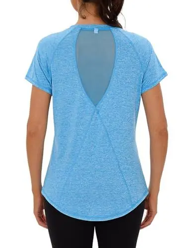 Produktbild: Terecey Funktionsshirt Damen Kurzarm Sportshirt Laufen Schnell trocknend Rundhals Yoga Sport Oberteil Atmungsaktiv Locker Sport T-Shirt Laufshirt mit Back Mesh Athletisch Kurzarmshirt, Himmelblau M