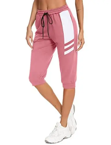 Produktbild: Terecey Jogginghose Damen 3/4 Baumwolle Sommer Kurze Sport Hosen Trainingshose Knielange mit Taschen Caprihose Dreiviertel Freizeithose Sweathose für Jogger Frauen, Rosa L
