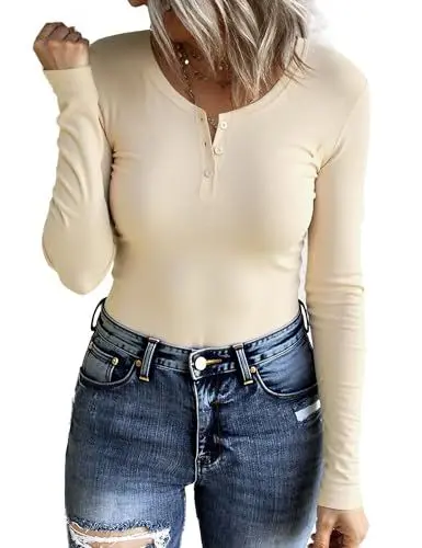 Produktbild: Terecey Langarmshirt Damen Slim Fit Basic T-Shirt Sexy Oberteile Stretch Pullover V Ausschnitt Langarm Tops Tee Shirts Weich Baumwolle Henley Shirt Freizeit Leicht Tunika Aprikose L