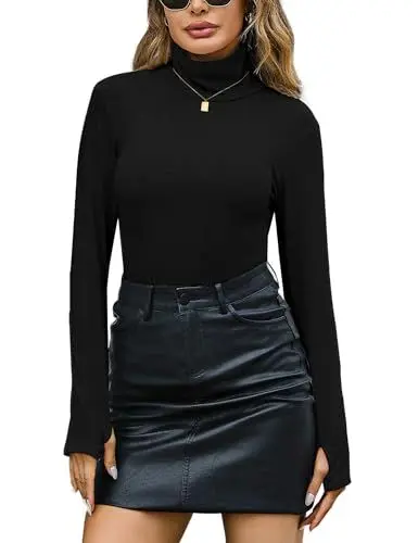 Produktbild: Terecey Rollkragen Langarm-T-Shirt Damen Basic Stehkragen Thermooberteile Baumwolle Sweatshirts Slim Fit Pullover Thermounterhemd Warm Turtleneck Unterwäsche mit Daumenloch, Schwarz S