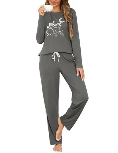 Produktbild: Terecey Schlafanzug Damen Lang Pyjama Weich Baumwolle Zweiteiliger Sleepwear Frauen Casual Nachtwäsche Langarm Hausanzug Freizeitanzug Set fur Herbst und Winter, Dunkelgrau XXL