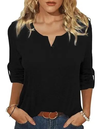 Produktbild: Terecey Shirt Damen 3/4 Arm Henley V-Ausschnitt Knopfleiste Lockere Tshirt Oberteile Bluse Weich Baumwolle T Shirt Casual Locker Tops Basic Mode Herbst Bluse Schwarz S