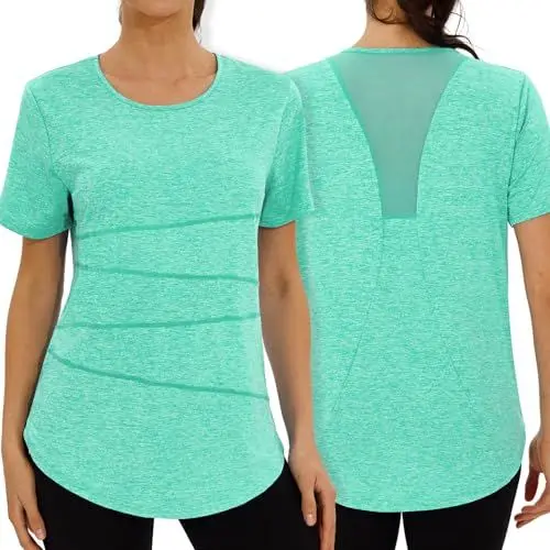 Produktbild: Terecey Sport Tshirt Damen Fitness Funktionsshirt Kurzarm Sportshirt Laufshirt Locker Atmungsaktiv Wandershirt mit Back Mesh Sport Oberteile fur Yoga Zumba, Grün XL