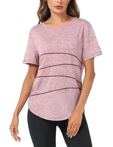 Produktbild: Terecey Sportshirt Damen Fitness T-Shirt Yoga Shirt Damen Funktionsshirt Atmungsaktives Sport Tshirt Mädchen Trainingsshirt Laufshirt für Wandern Lässig Gym Rosa M