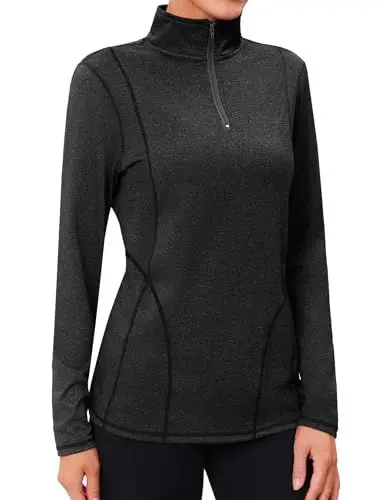 Produktbild: Terecey Funktionsshirt Damen Langarm Sportshirt mit 1/4 Zip Stretch Langarmshirt Laufshirt Stehkragen Sportoberteil Wandershirt Longsleeve Skipullover Fitness Top, Tintenschwarz M