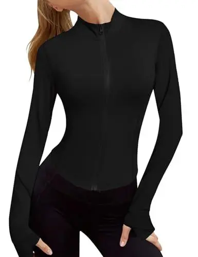 Produktbild: Terecey Sportshirt Damen Langarm - Sommer Enge Sportjacke mit Reißverschluss und Daumenloch - Leichte Atmungsaktive Trainingsjacke Funktionsshirt - Sport Yoga Fitness Läuft T-Shirt Schwarz-XL