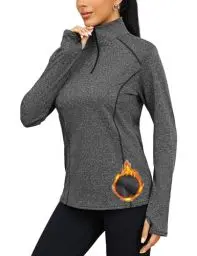 Produktbild: Terecey UPF 50+ UV T-Shirt Damen Atmungsaktiv Sportshirt 1/4 Zip Trainingsshirt Wandershirt mit Daumenloch -Sonnenschutz Sport Funktionsshirt Rash Guard fur Yoga Surf Golf, Schiefer Grau M