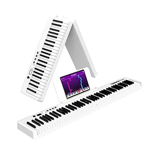 Produktbild: TERENCE Piano mit 88 Tasten Faltbares Klaviertastatur mit 1800mAh Batterie unterstützung MIDI USB-Schnittstelle Piano-Anwendung Bluetooth Notenständer Aufkleber Audiokabel Kopfhörer Sustain Pedal Weiß
