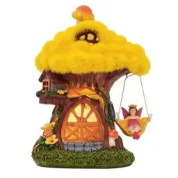 Produktbild: TERESA'S COLLECTIONS 19cm Gartendeko für Draußen Feengarten Haus Solarleuchte Feenhaus Gartenfigur aus Kunstharz Wasserfest Fairy House Elfenhaus Herbst Dekoration Herbst deko Outdoor Gelb