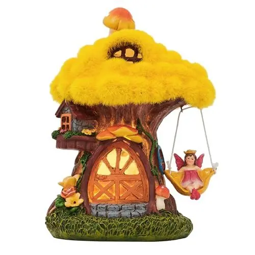 Produktbild: TERESA'S COLLECTIONS 19cm Gartendeko für Draußen Feengarten Haus Solarleuchte Feenhaus Gartenfigur aus Kunstharz Wasserfest Fairy House Elfenhaus Herbst Dekoration Herbst deko Outdoor Gelb