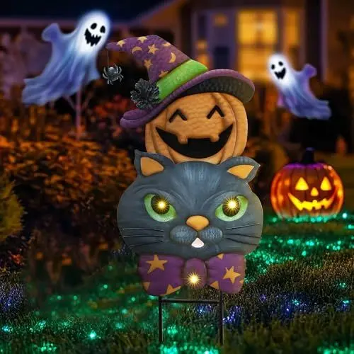 Produktbild: TERESA'S COLLECTIONS Gartendeko für Draußen,Kürbis Solar LED,Jack-O-Lantern, mit Katze und Kürbis Solarlampe, Metall Solar Gartenleuchten, 57cm