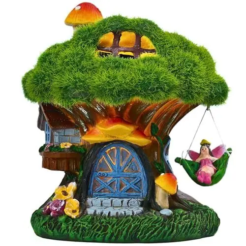 Produktbild: TERESA'S COLLECTIONS Gartendeko für Draußen Feengarten Haus Solarleuchte Feenhaus Gartenfigur aus Kunstharz Wasserfest Fairy House Elfenhaus Herbst Dekoration Grün 13cm