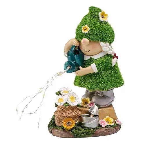 Produktbild: TERESA'S COLLECTIONS Gartenzwerge Gartendeko für Draußen,20cm Wetterfest Figur mit Solarleuchte,Blumenpflücken Gartenfiguren draußen,Gartenwichtel Gartendeko Solar