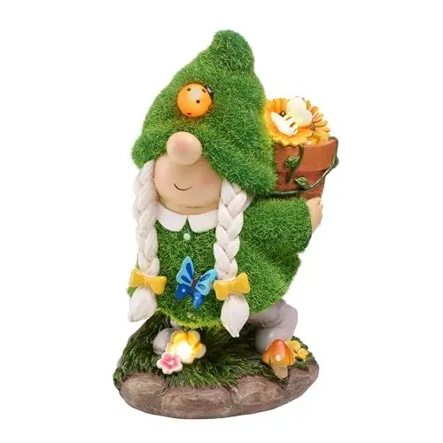 Produktbild: TERESA'S COLLECTIONS Gartenzwerge Gartendeko für Draußen,20cm Wetterfest Figur mit Solarleuchte,Blumenpflücken Gartenfiguren draußen aus Kunstharz,Garten Deko Solar
