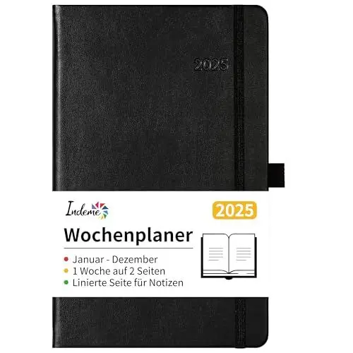 Produktbild: Terminplaner 2025 - Kalender 2025 von Januar 2025 bis Dezember 2025, Wochenplaner mit Platz für Notizen, Innentasche, Elastischer Verschluss, 13 * 21cm, Schwarz