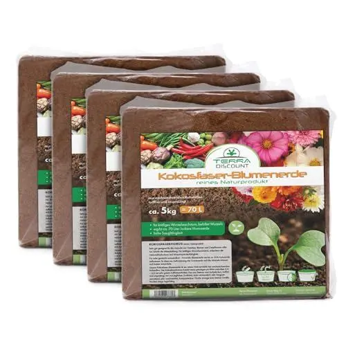 Produktbild: Terra Discount Kokosfaserhumus *Blumenerde* 4X ca.5 Kg (ergibt ca. 280 Liter), Kokoserde als Hochbeeterde und für Pflanzen/Zimmerpflanzen, aus nachwachsenden Rohstoffen, torffrei und ungedüngt