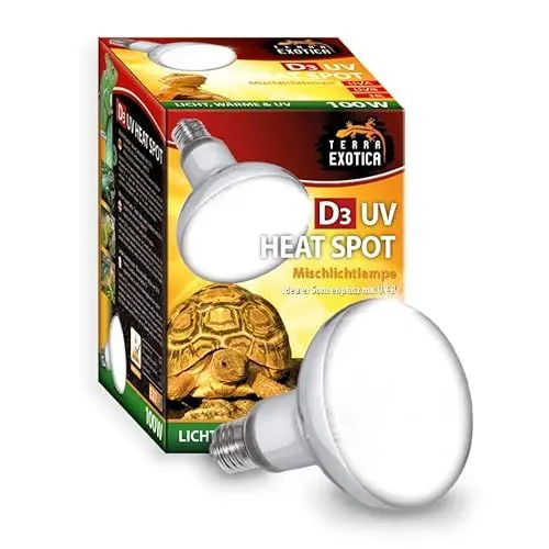 Produktbild: Terra Exotica D3 UV Heat Spot 100 Watt - 80, 100 oder 125 Watt - Wärmelampe für Reptilien, Schildkröten - Sonnenlicht simulierte Förderung der D3-Synthese im Terrarium (100 Watt)
