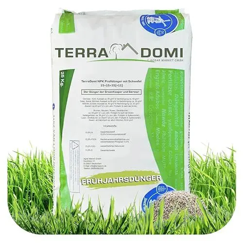 Produktbild: TerraDomi Rasendünger Frühjahr, Sommer & Herbst 25kg NPK 15-15-15 I Dünger mit Langzeitwirkung I verdrängt Moos I für über 1000 m² Rasen I streuwagengeeigneter Dünger | staubarm & mit extra Schwefel