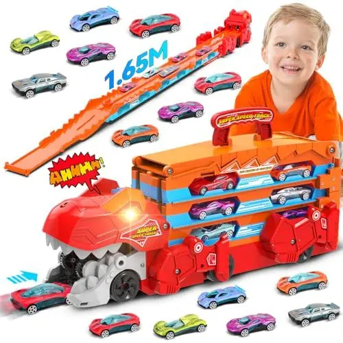 Produktbild: TERRAMUS Dinosaurier Transport Truck Spielzeugauto für Kinder - 3 in 1 Auswurf Folding Track Auto Spielzeug mit 8 Rennwagen, Portable Träger Fahrzeuge Spielzeug Race Cars Set für Jungen 3-5 Jahre alt